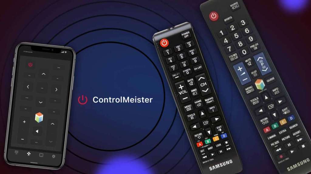 Two Samsung TV remotes, an iPhone with ControlMeister on the screen and a ControlMeister logo