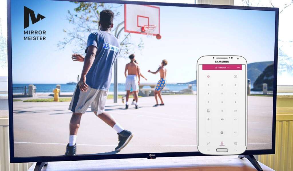 An LG TV with an image of people playing basketball. A Samsung smartphone with LG TV Remote App interface on the screen