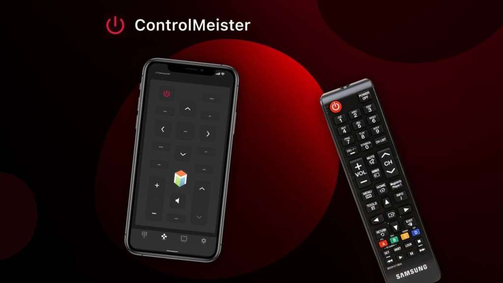 An iPhone with ControlMeister on the screen, a Samsung TV remote and a ControlMeister logo on red futuristic background