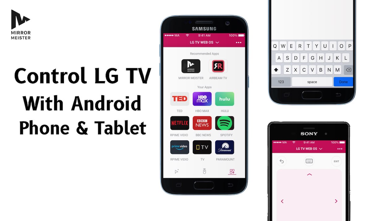 Three Android smartphones, each showing a different feature of LG TV Remote App: Keyboard, Mouse Pointer and App Launcher. The header says: Control LG TV With Android Phone & Tablet and there's a MirrorMeister logo